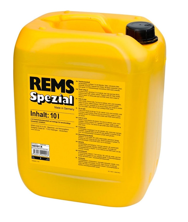 Резьбонарезное масло Rems Spezial (10 л) - высоколегированная смазка для нарезания резьбы на основе минеральных масел в канистре объемом 10 л. С особенно высокими смазывающими и охлаждающими свойствами. Для всех материалов.