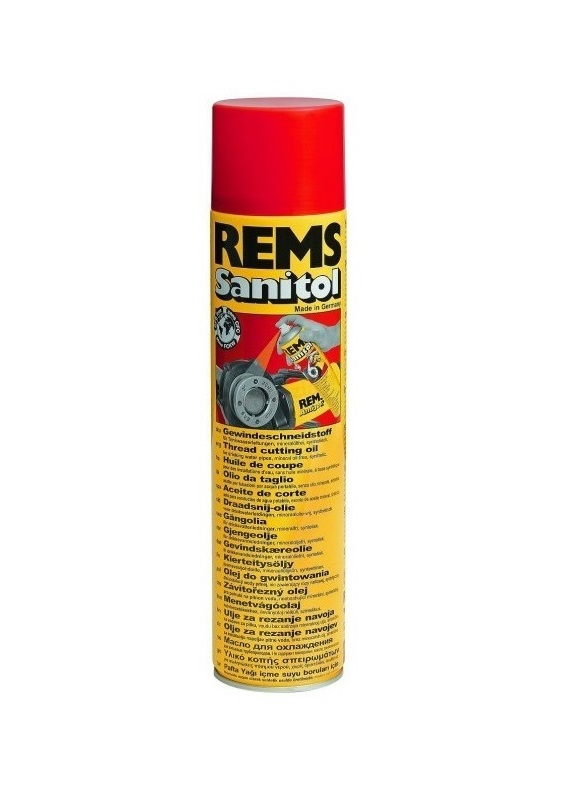 Резьбонарезное масло Rems Sanitol (спрей) - смазка для нарезания резьбы cпециально для водопроводов питьевой воды. Подходит для универсального использования, для всех материалов.
